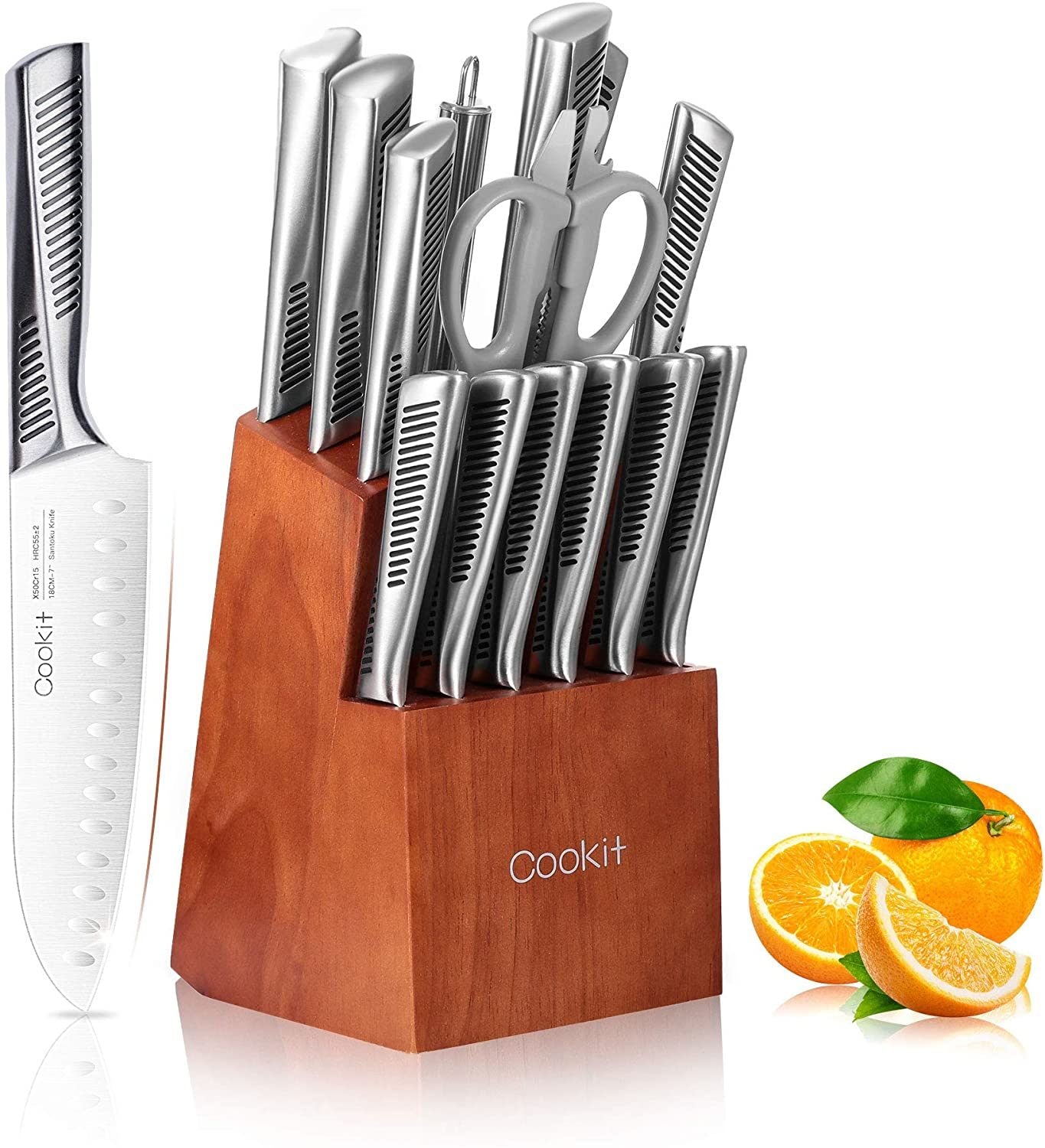 Kitchen Knife Set, 15 Piece Knife Sets w/Block & Manual Sharpener