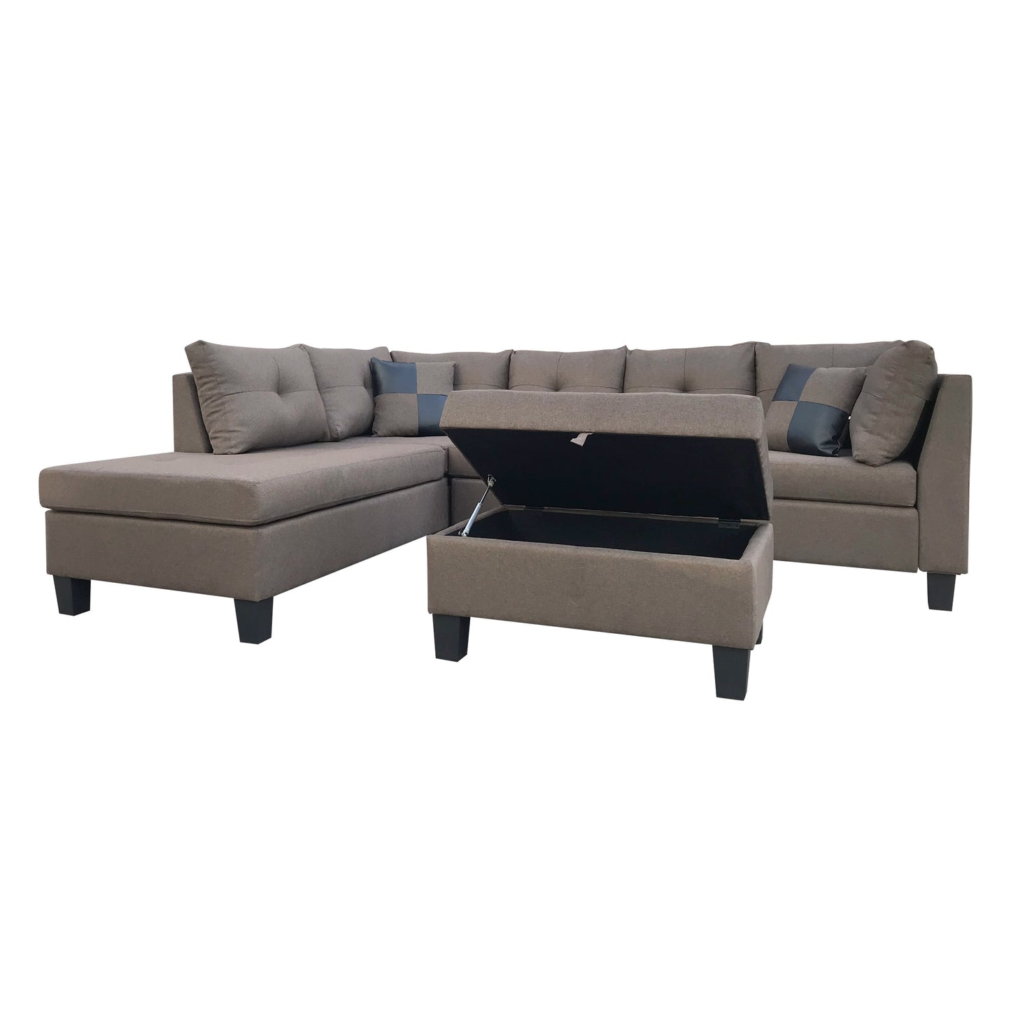 Three Piece Sectional Sofa w/Chaise Lounge and Storage Ottoman (Brown)