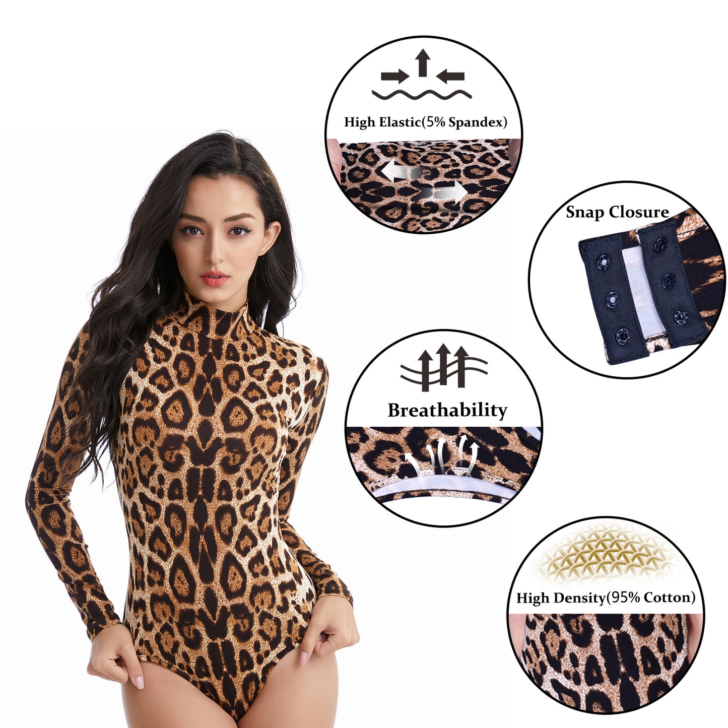 Women's Long Sleeve Turtle Neck Bodysuit (Leopard/Green)