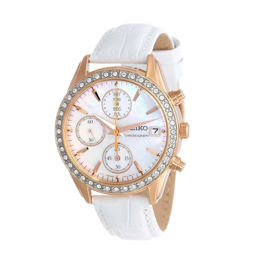 Seiko Mother of Pearl Dial Crystal Accent White Leather Chronograph Women's Watch