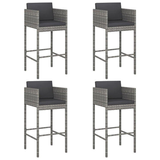 Bar Stools 4 pcs with Cushions Gray Poly Rattan