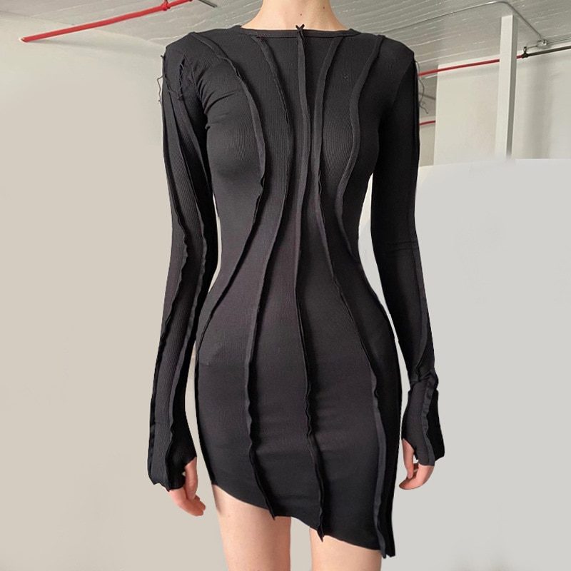 Asymmetric Black Bodycon  Long Sleeve Mini Dress