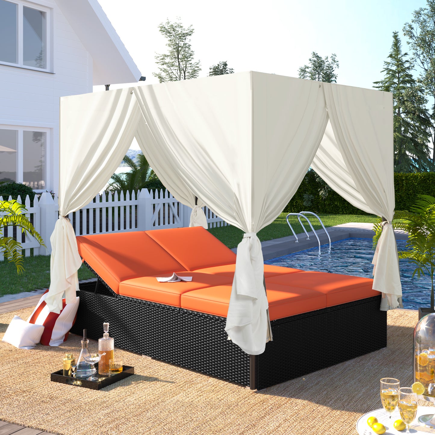 Outdoor Patio Wicker Sunbed Daybed with Cushions & Adjustable Seats