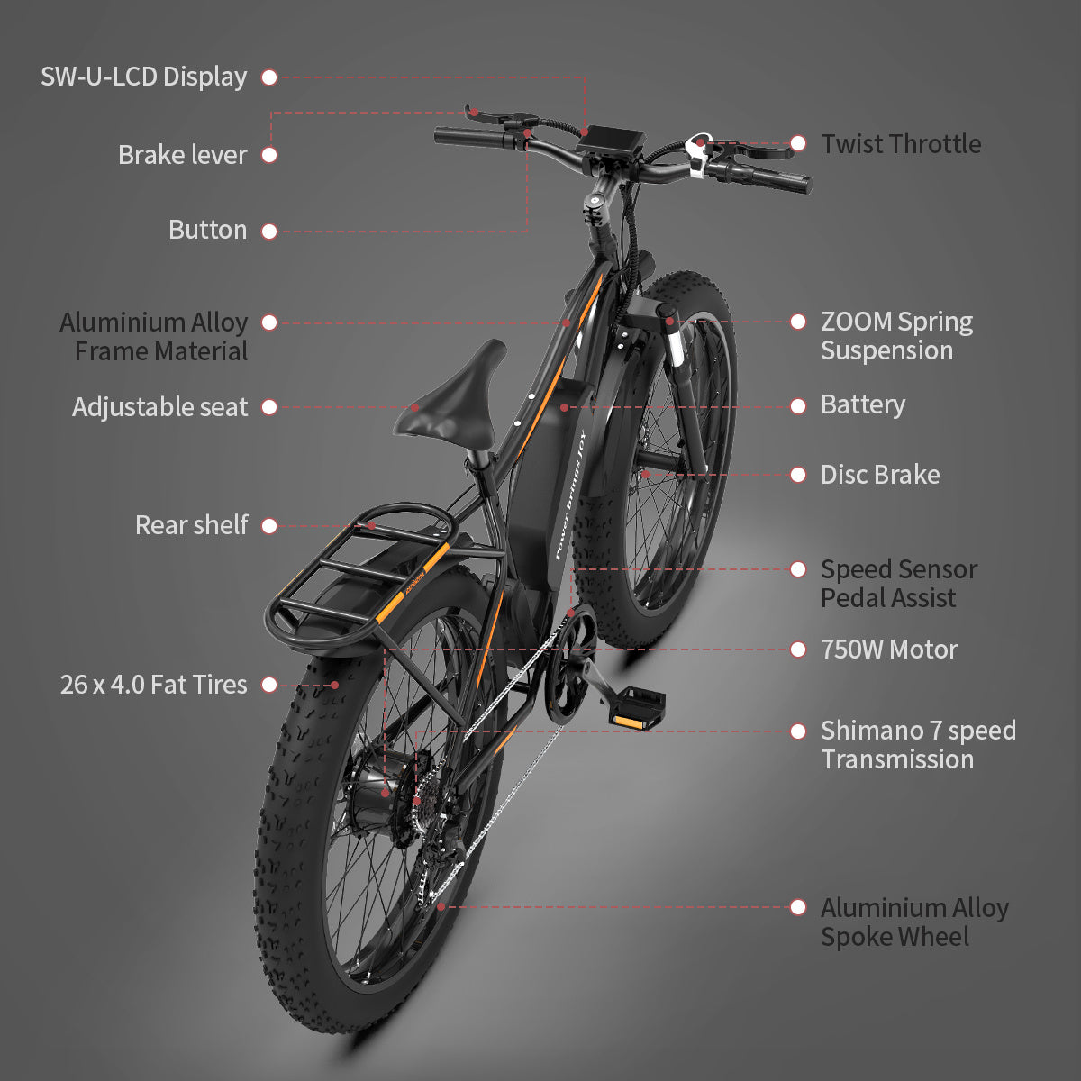 AOSTIRMOTOR 26" 750W Electric Bike Fat Tire P7 48V 13AH Removable Lithium Battery for Adults