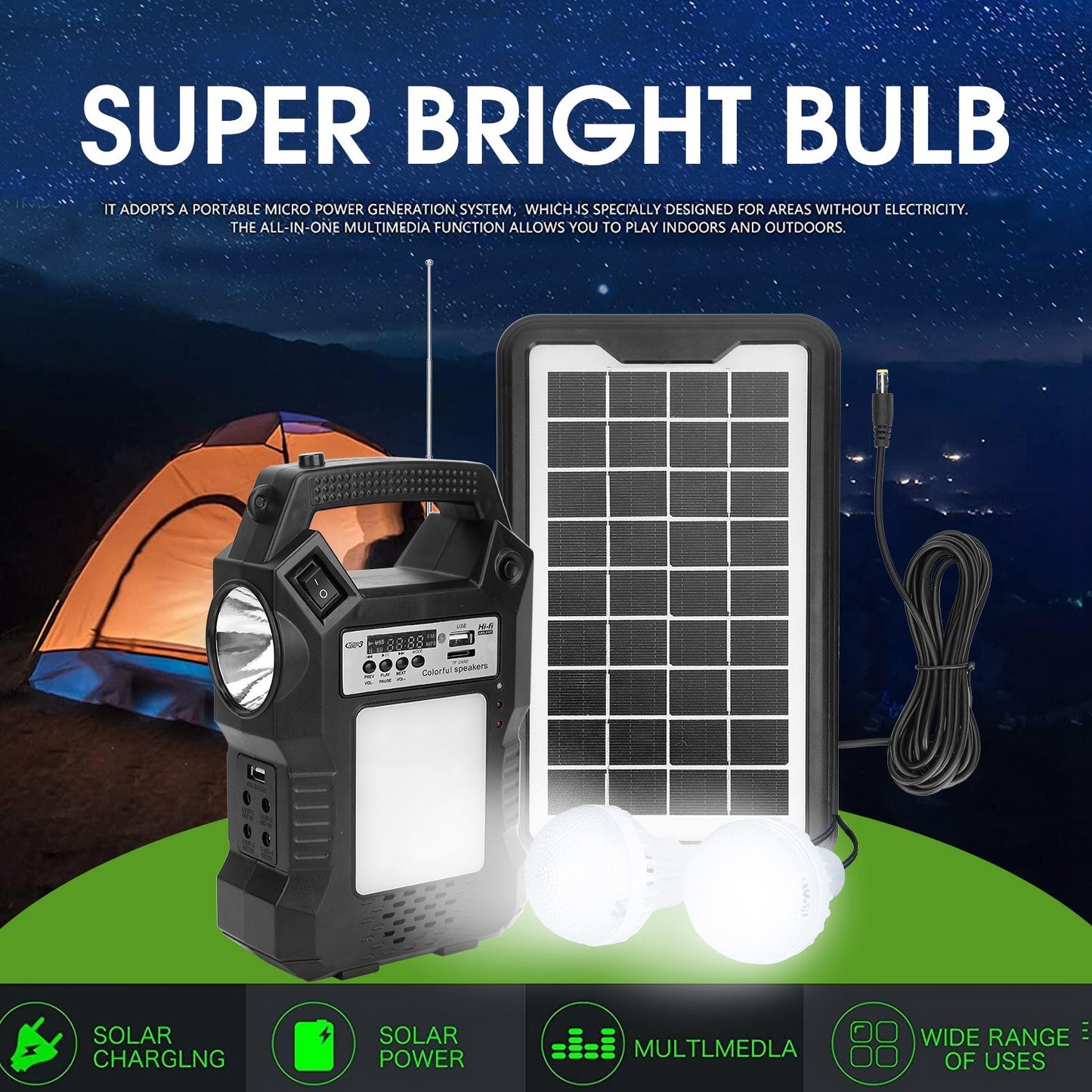 Portable Solar Power Station w/ Backup Power Bank & 3 Lighting Bulbs