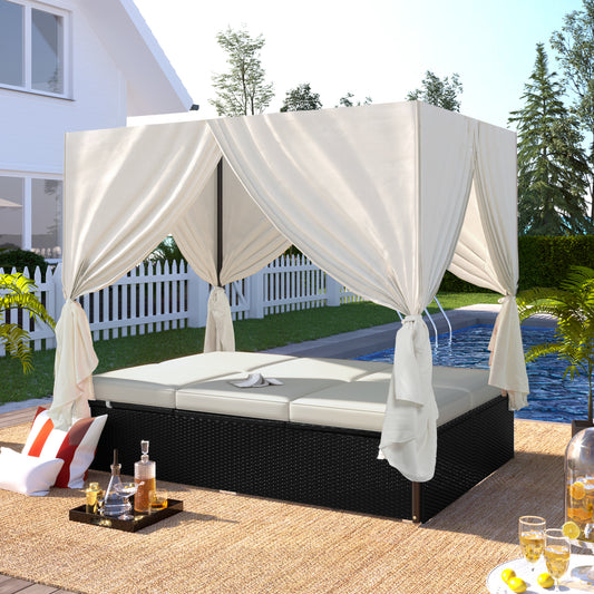 Outdoor Patio Wicker Sunbed Daybed with Cushions & Adjustable Seats