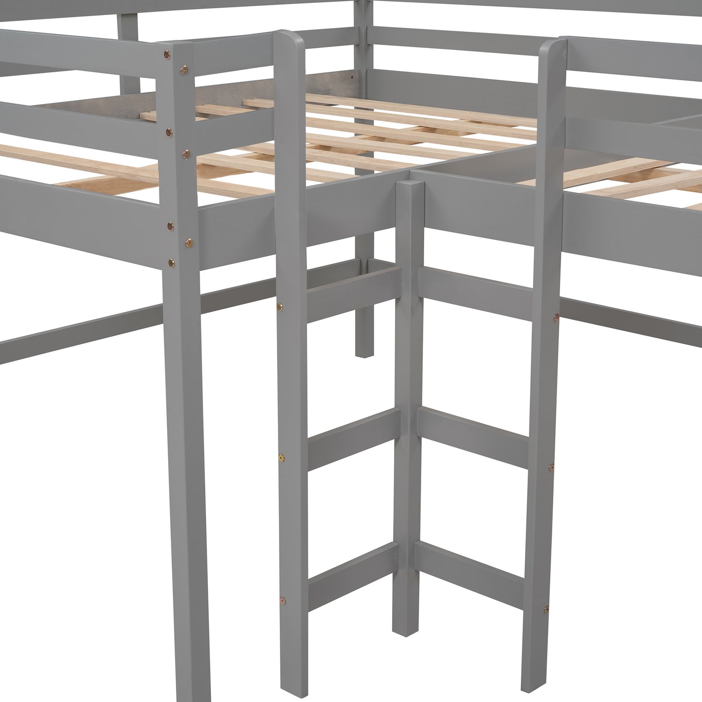 Full Size L-Shaped Loft Bed with Built-in Ladders and Slide