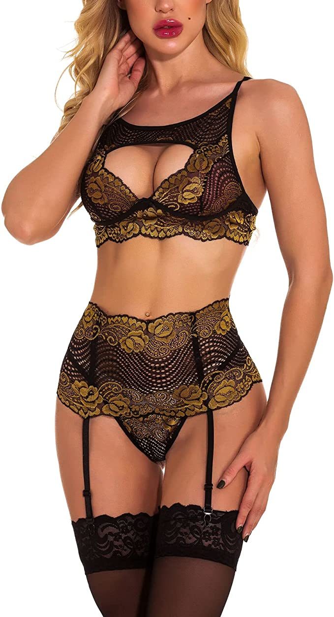 Women Lace Sexy Lingerie Set w/ Garter Belt & Thong Lace Skirt