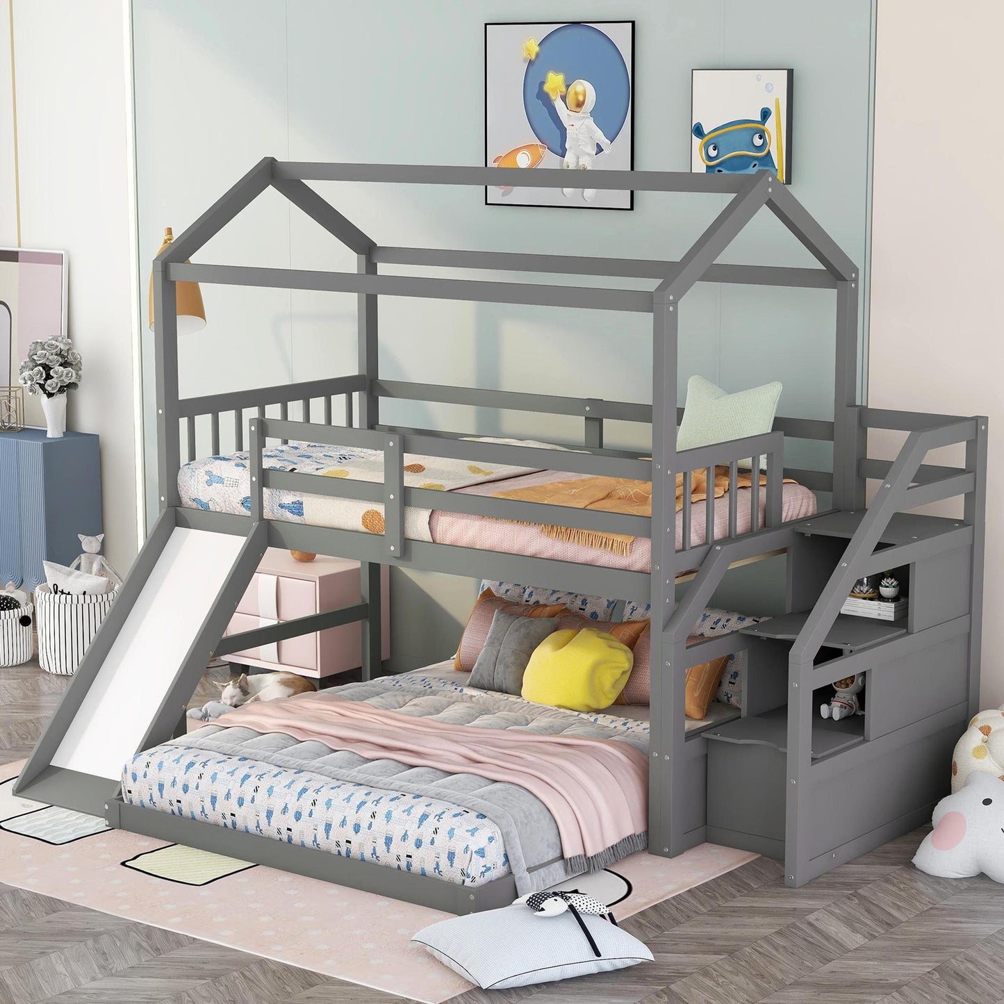 Twin over Full Sized Bunk Bed w/ Convertible Slide & Storage Staircase