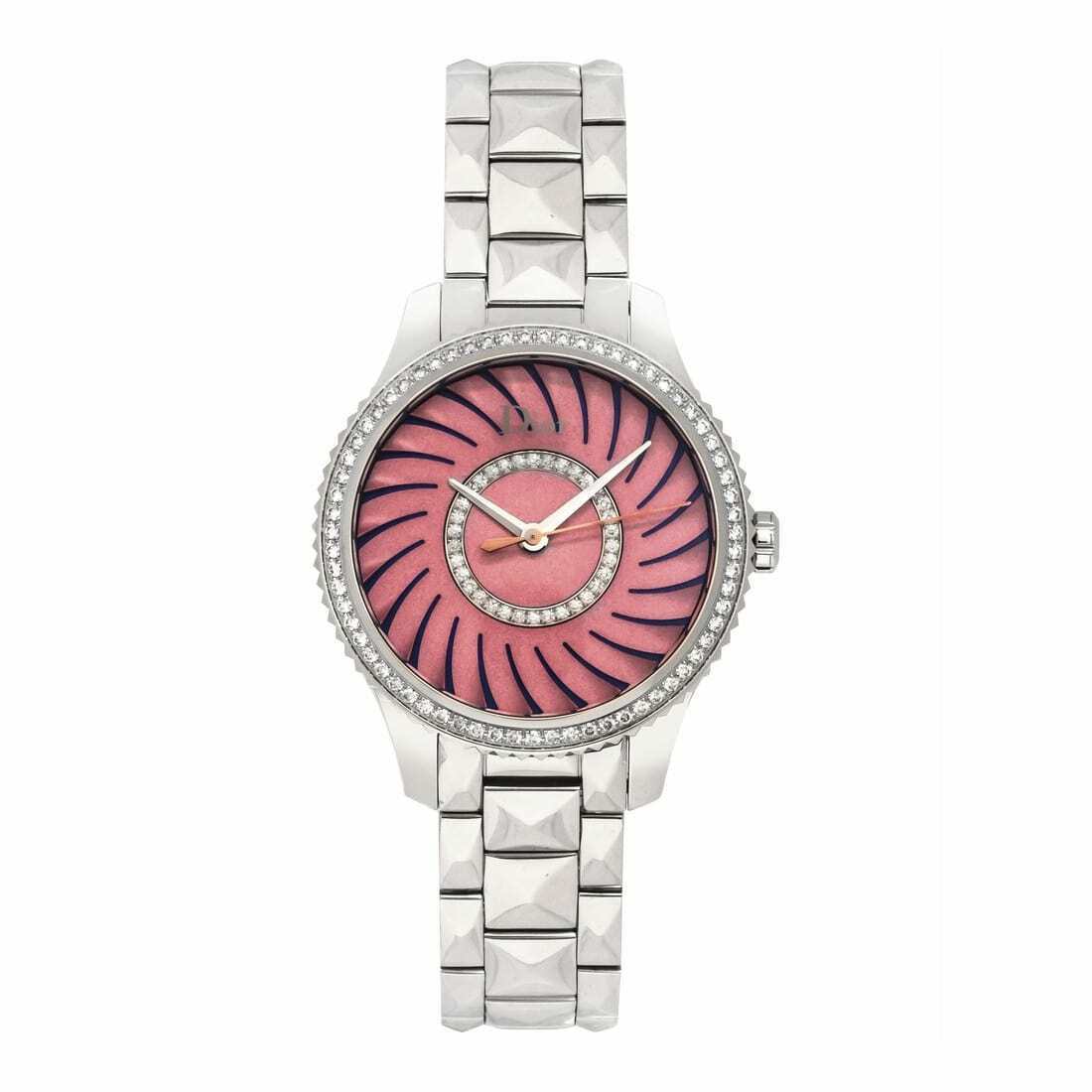 Dior Montaigne Silver Stainless Steel Pink Dial Diamond Watch