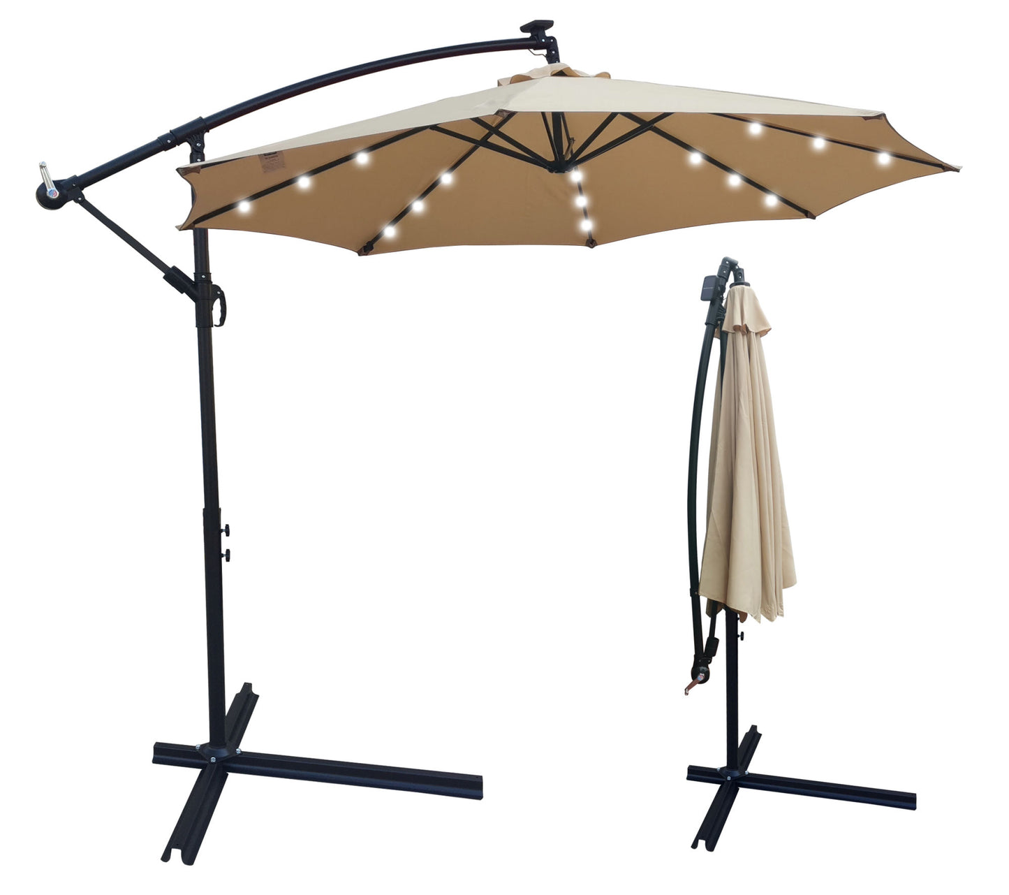 Tan 10 ft Outdoor Patio Umbrella w/ Solar Powered LED Lighted Sun Shade