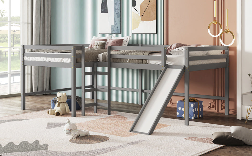 Full Size L-Shaped Loft Bed with Built-in Ladders and Slide