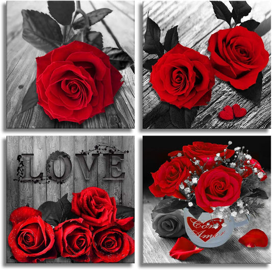 Canvas Wall Art Red Rose Canvas Print  (4 Pieces)