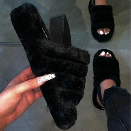 Women's Open Toe Fur Wedge Slippers with Ankle Elastic Band