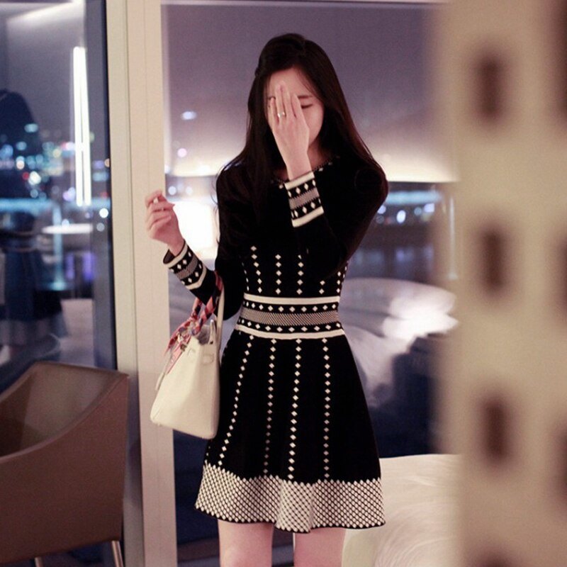 Spring Autumn Women's Pleated Black Mini Dresses