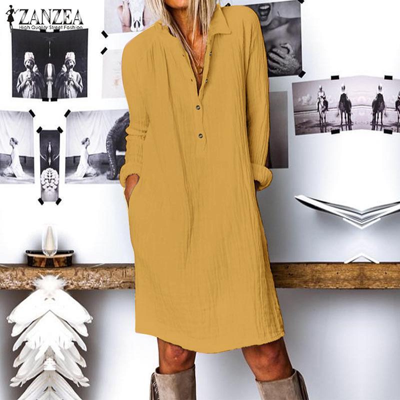 Solid Long Shirt Dress Cotton Vestido Femme