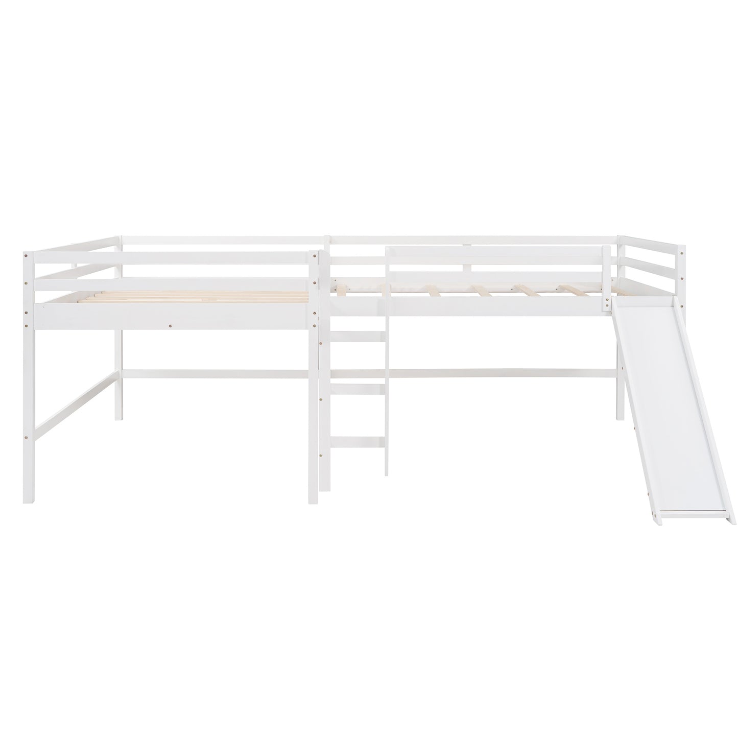 Full Size L-Shaped Loft Bed with Built-in Ladders and Slide