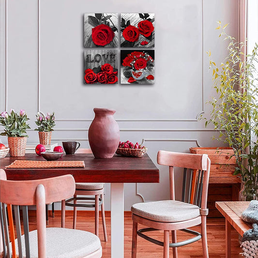 Canvas Wall Art Red Rose Canvas Print  (4 Pieces)