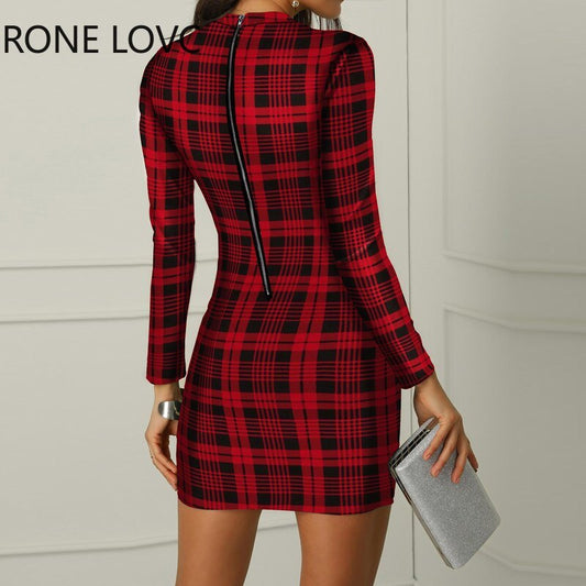 Women's Plaid Long Sleeve Bodycon Dress