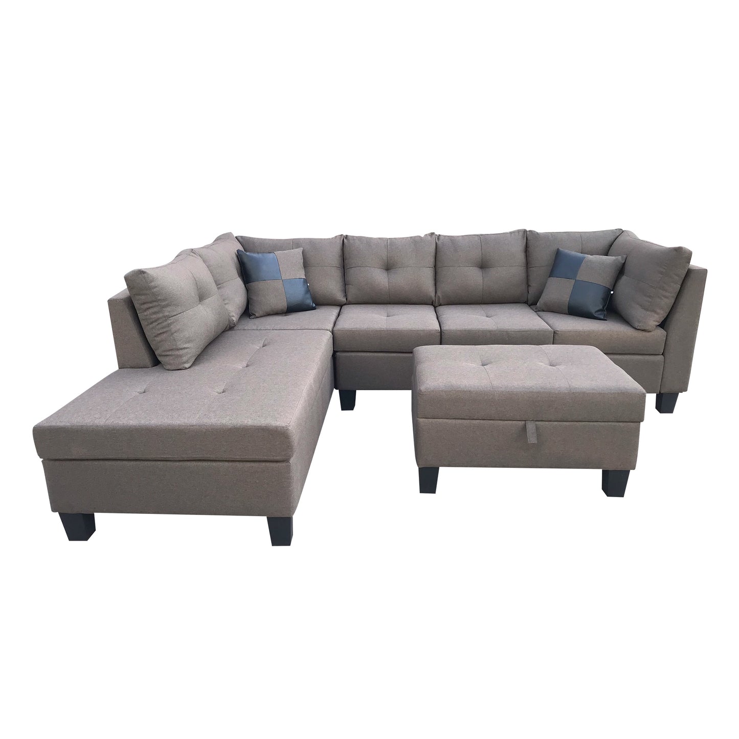 Three Piece Sectional Sofa w/Chaise Lounge and Storage Ottoman (Brown)