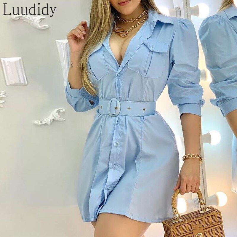 Puff Sleeve Autumn Shirt Mini Dress Female Vintage Button Belt Vestidos