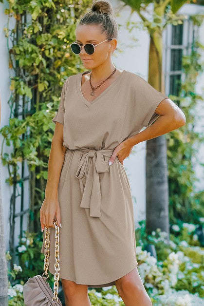 V Neck Waist Tie Solid Dress