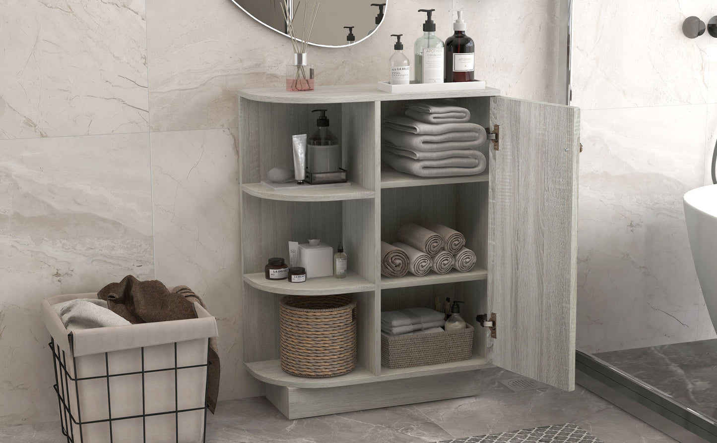 Open Style Shelf Cabinet w/ Adjustable Plates (Gray/Oak)