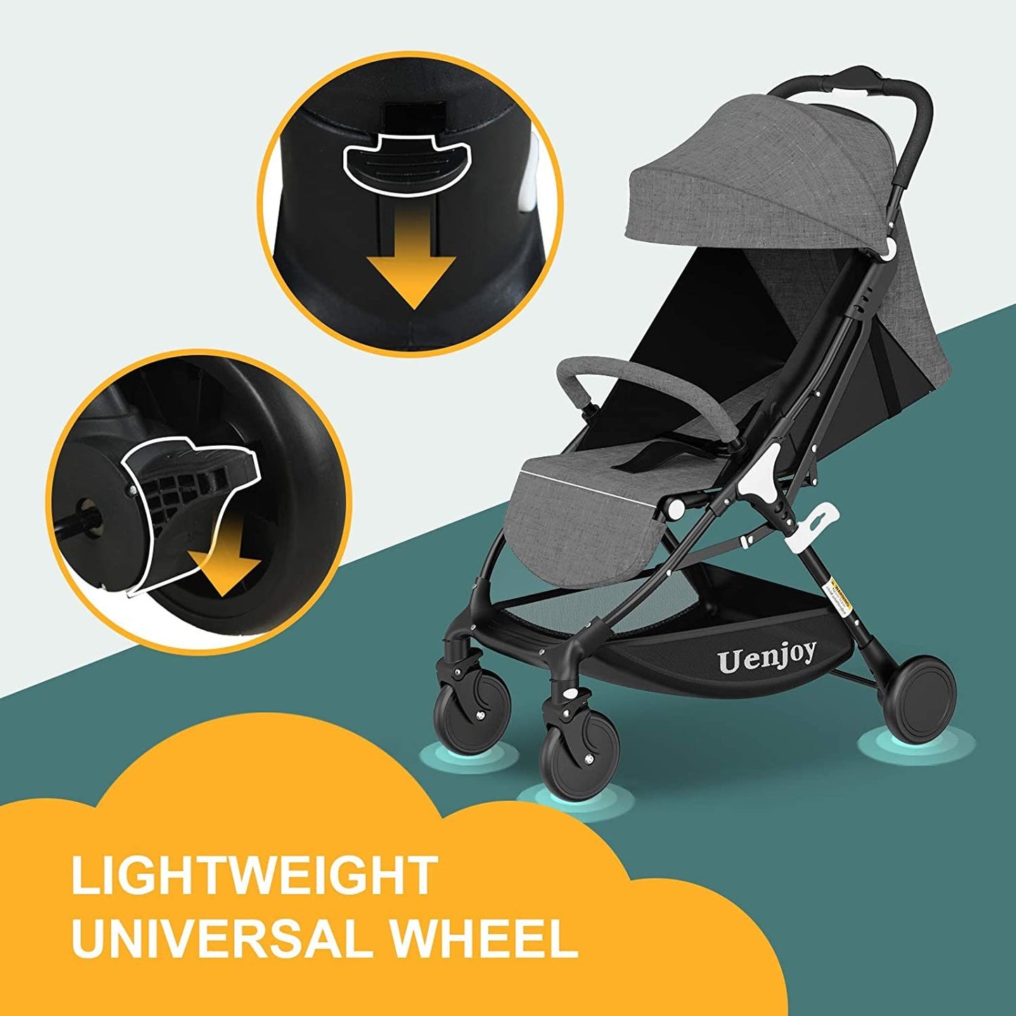 Uenjoy Baby Stroller One-Click Foldable Lightweight Stroller, with Lockable Universal Wheels