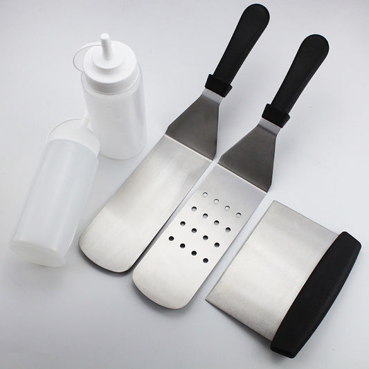 Stainless Steel Barbecue Tool Set Ergonomic Handle - 2 Perforated Flat Spatula, Turner, Scraper, 2 Squirt Bottles