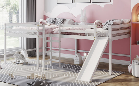 Full Size L-Shaped Loft Bed with Built-in Ladders and Slide