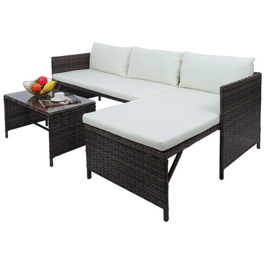 3pcs Combination Rattan Sofa Set (1 Double Seat 1 Chaise Seat 1 Coffee Table)