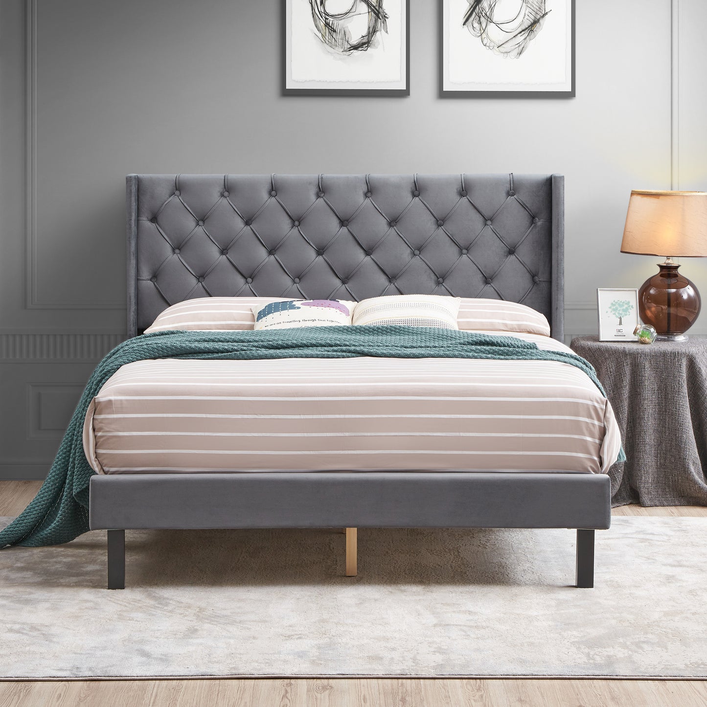 Strong Wood Upholstered Bed-Dark Gray Velvet (Queen)