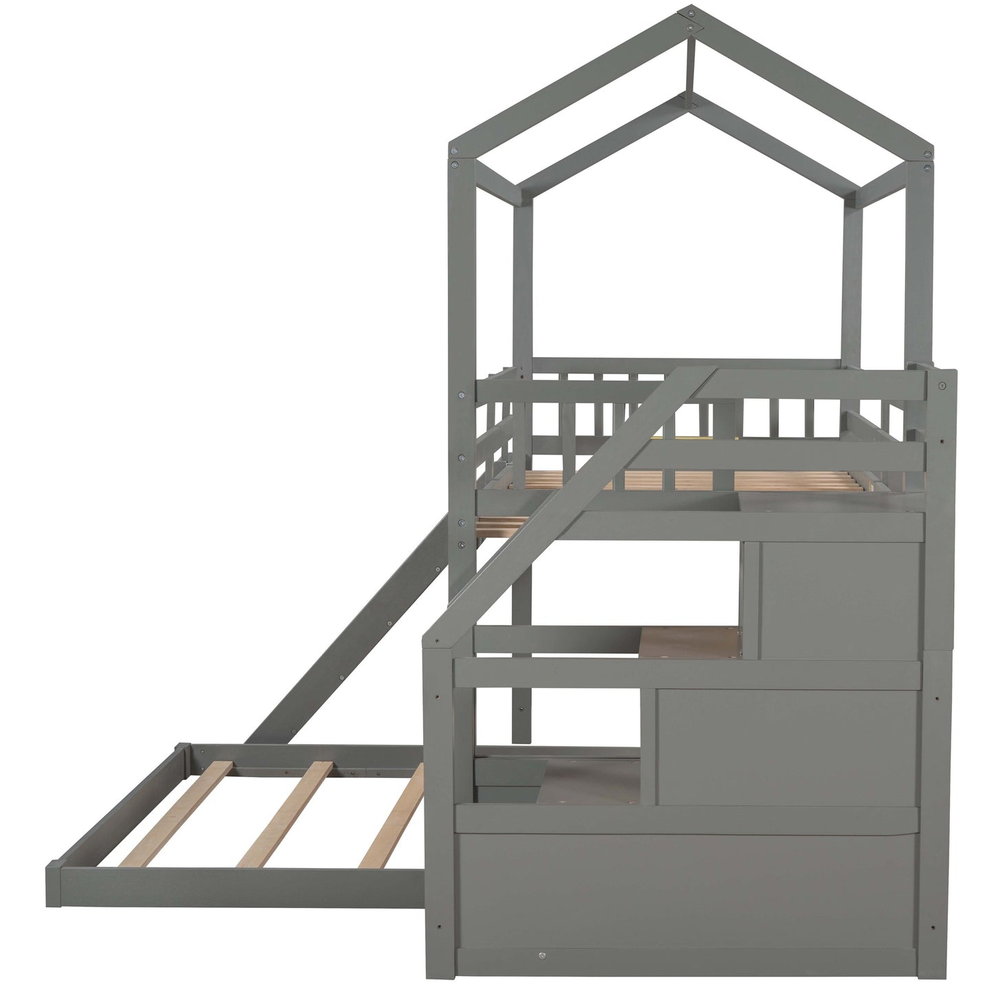 Twin over Full Sized Bunk Bed w/ Convertible Slide & Storage Staircase