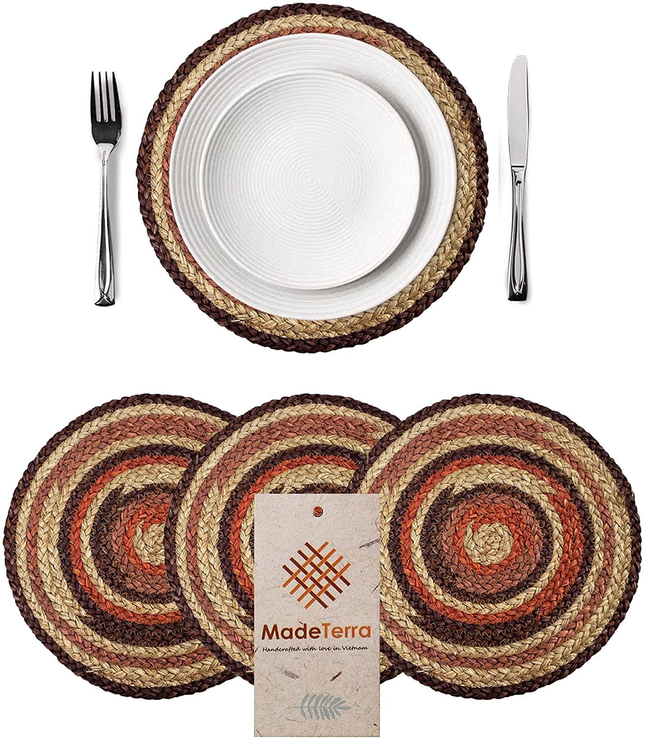 Set of 4 Round Jute Placemats (Anti Slip and Hand Woven)