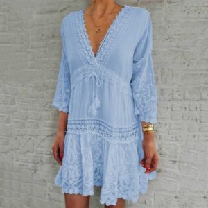 Elegant V Neck Lace Summer Dress w/ Three Quarter Sleeve