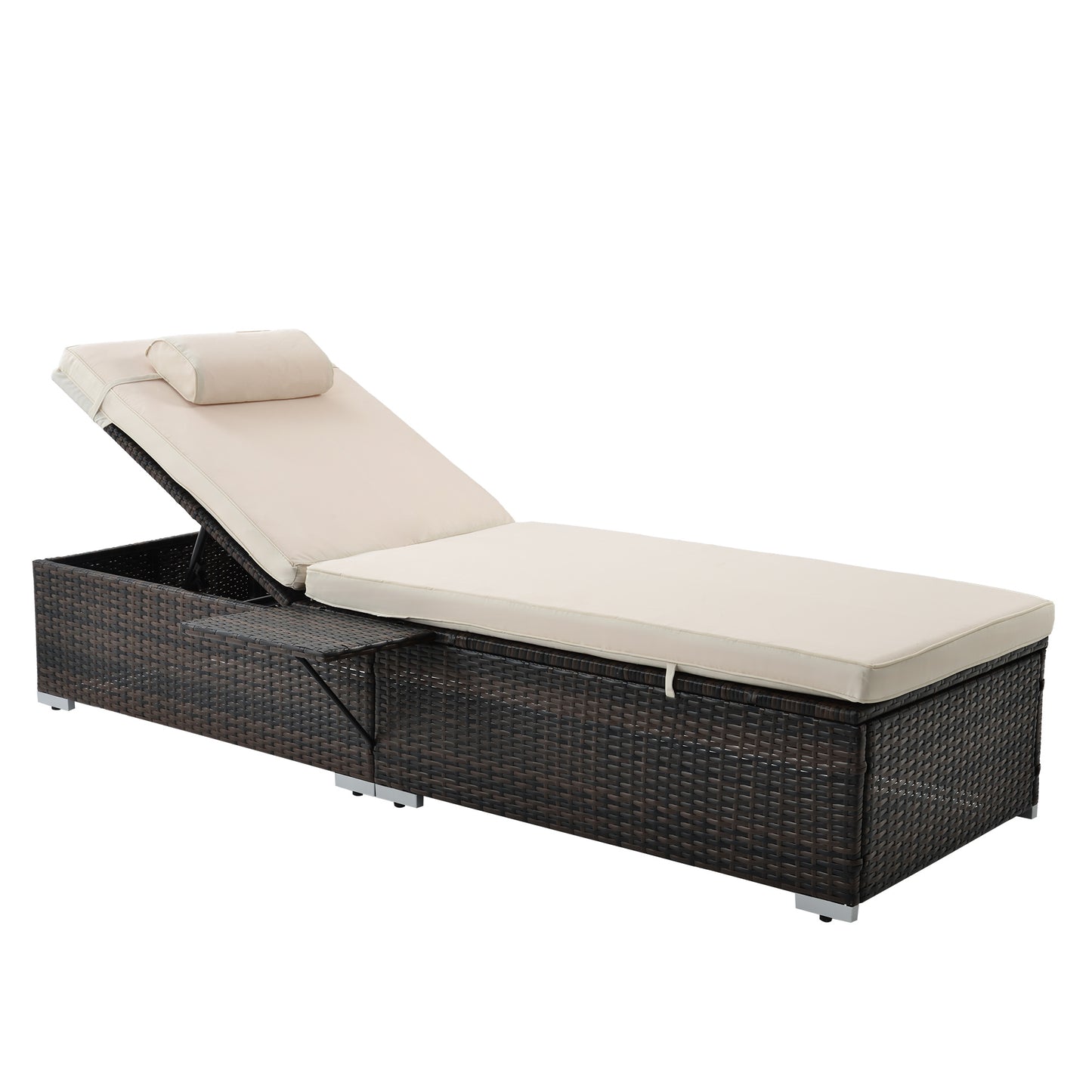 Outdoor Wicker Chaise Lounge - 2 Piece Patio Brown Rattan Reclining Chair Furniture Set Beach Pool Adjustable Backrest Recliners with Side Table and Comfort Head Pillow