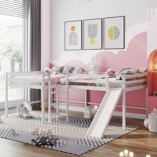 Full Size L-Shaped Loft Bed with Built-in Ladders and Slide