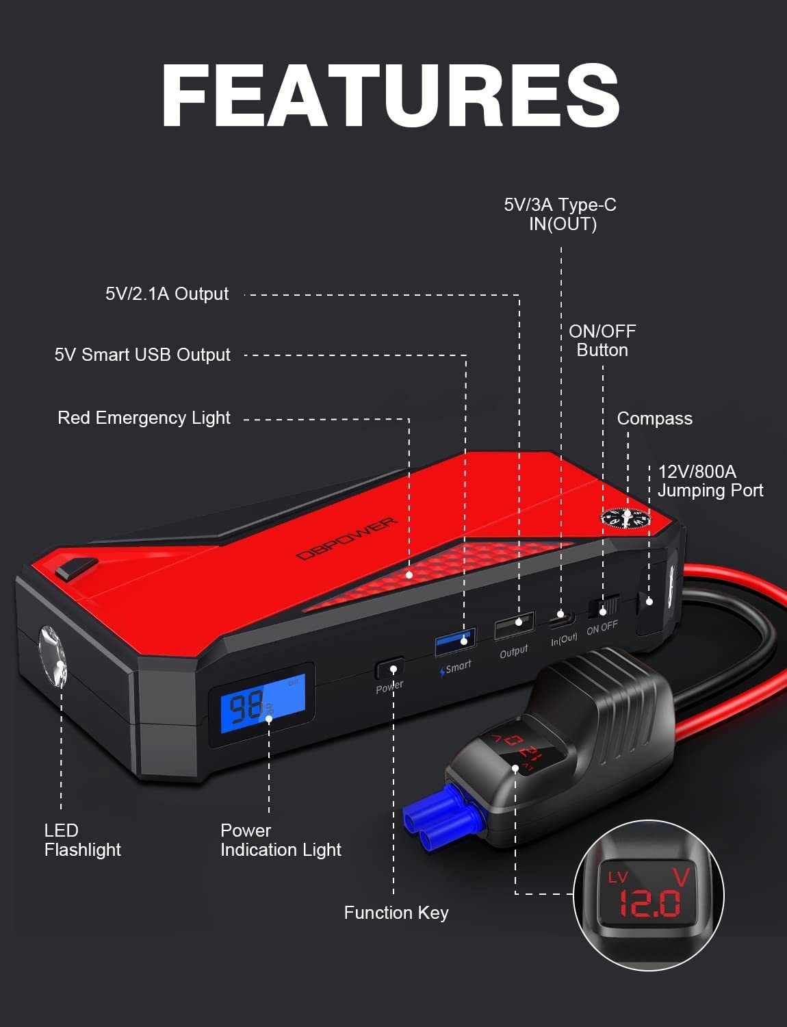 DBPOWER Car Jump Starter, 1600A Peak