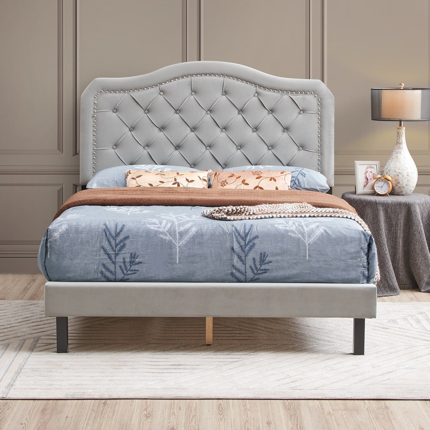 Upholstered Bed Button Tufted with Curve Design- Gray Velvet  (Queen)