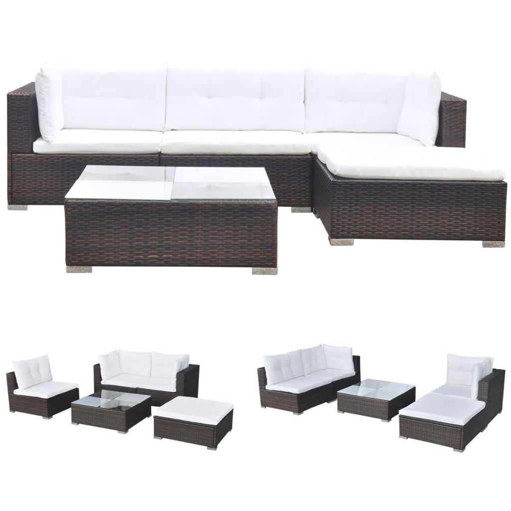 5 Piece Garden Lounge Set with Cushions Poly Rattan Brown