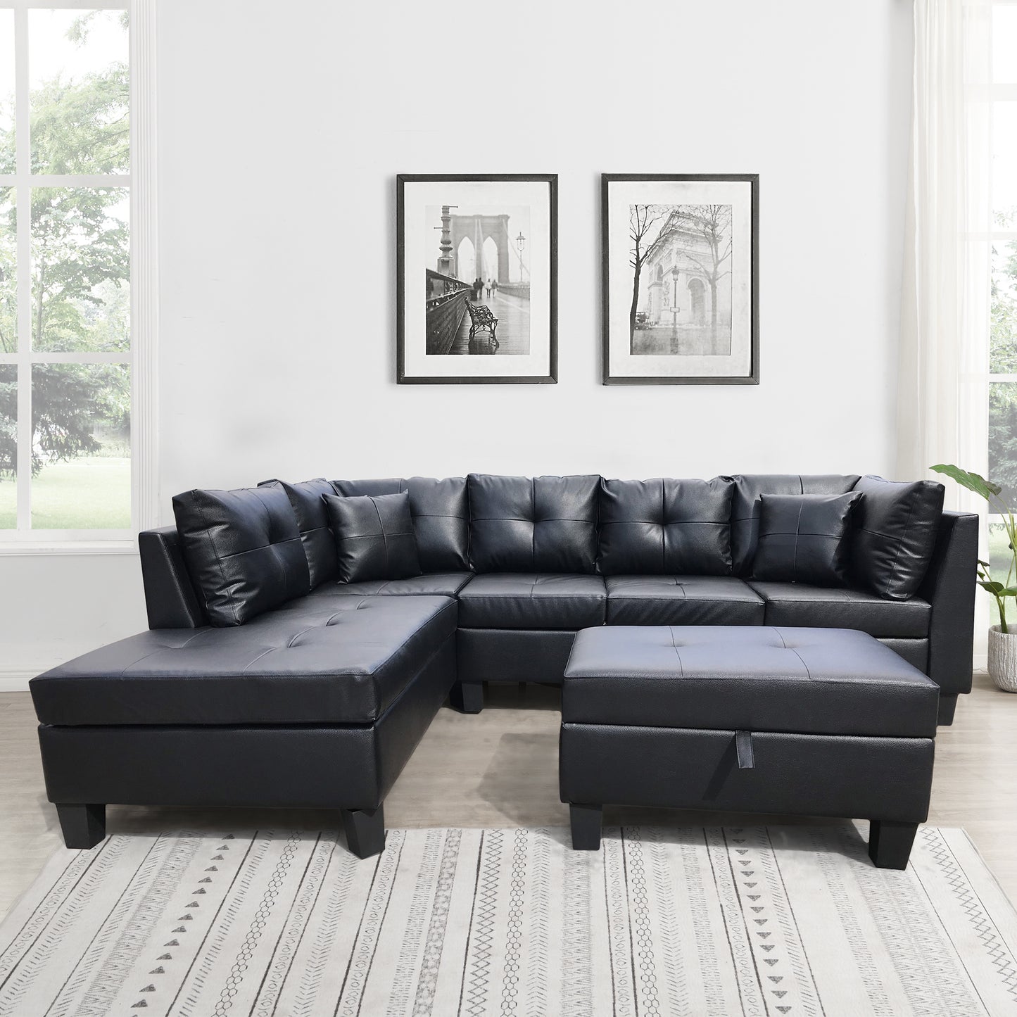 Three Piece Sectional Sofa w/ Chaise lounge and Storage Ottoman