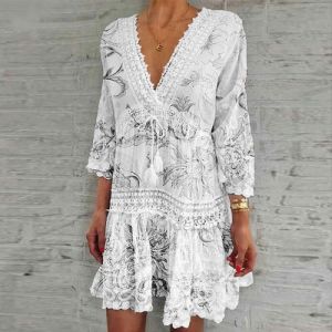 Elegant V Neck Lace Summer Dress w/ Three Quarter Sleeve