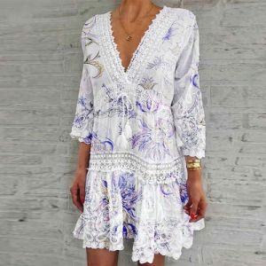 Elegant V Neck Lace Summer Dress w/ Three Quarter Sleeve