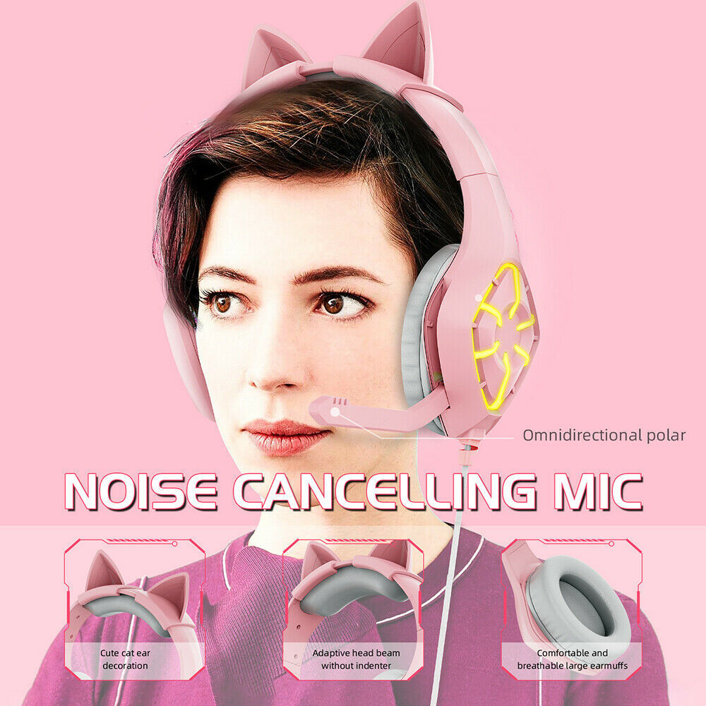 New Gaming Headset with Detachable Cat Ears, LED Light & Noise Canceling Microphone