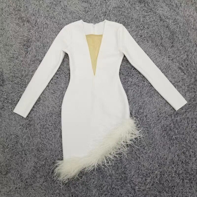 Long Sleeve Feather White Bodycon Dress