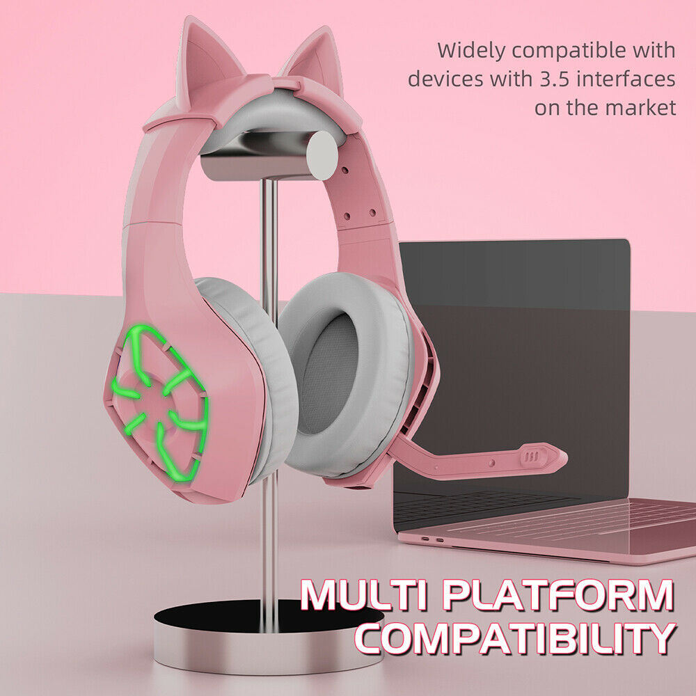 New Gaming Headset with Detachable Cat Ears, LED Light & Noise Canceling Microphone