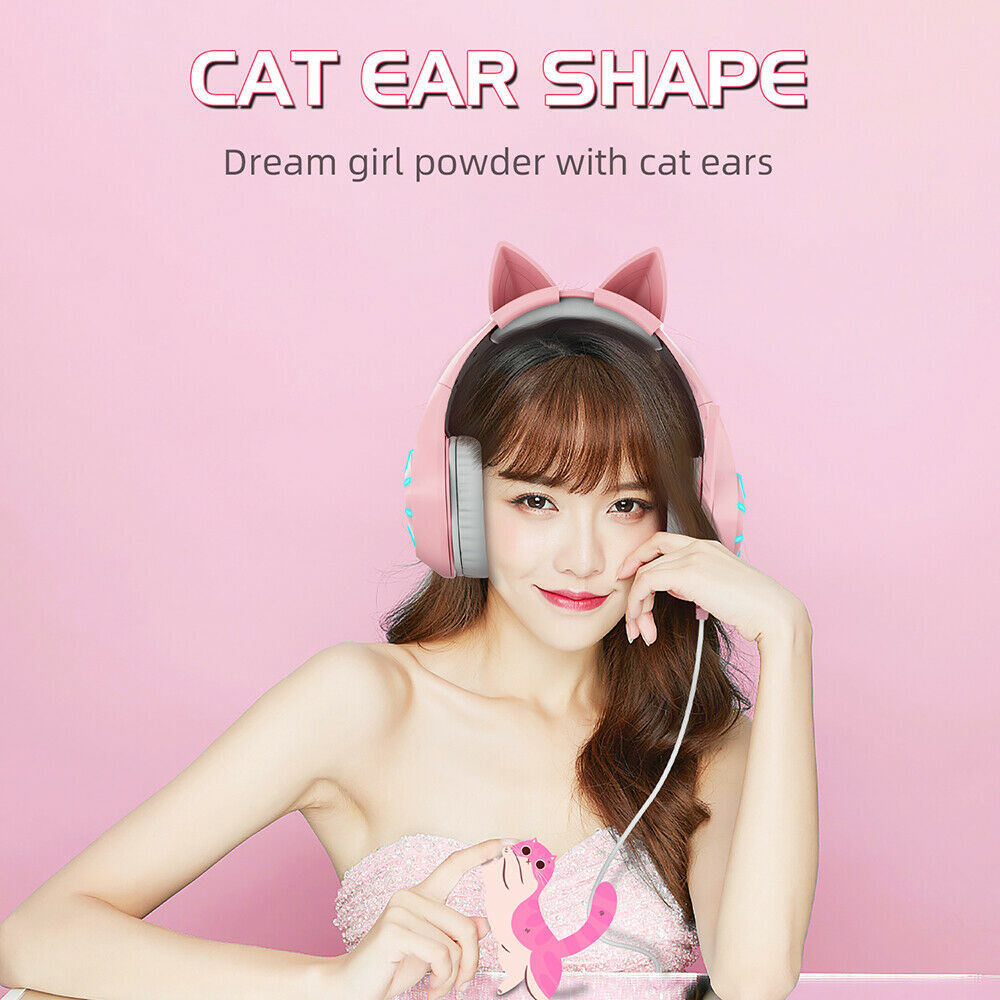 New Gaming Headset with Detachable Cat Ears, LED Light & Noise Canceling Microphone