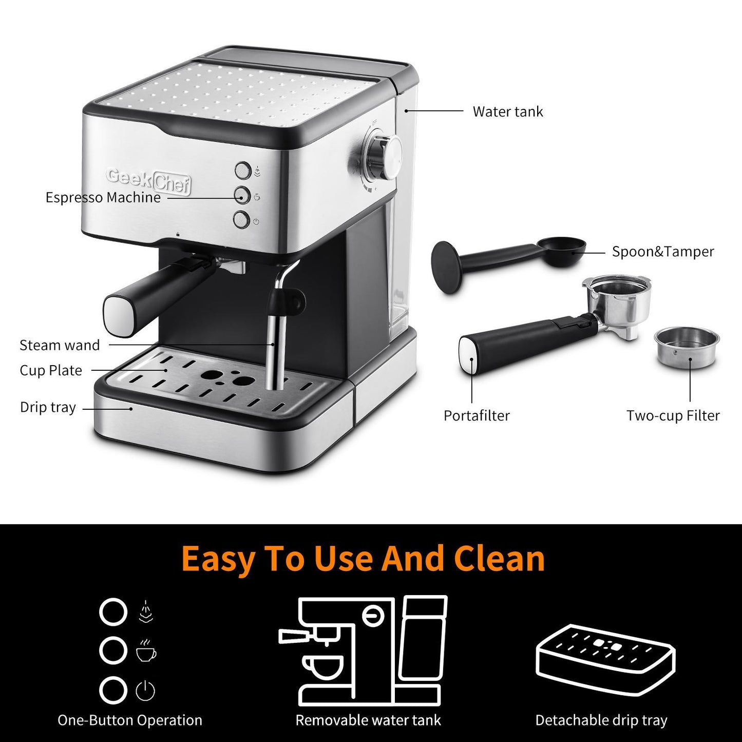 20 Bar Espresso Maker w/ 950W Detachable frothing nozzle