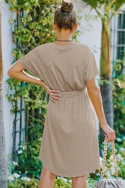 V Neck Waist Tie Solid Dress