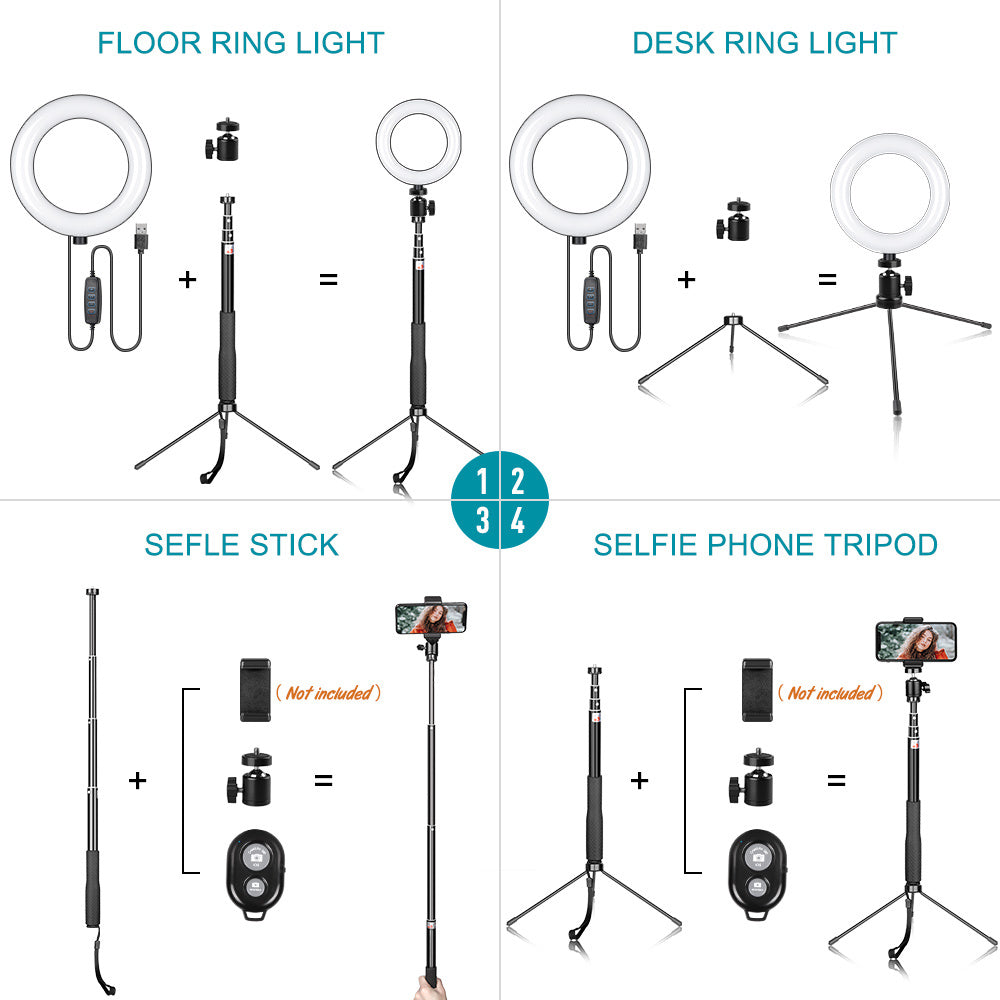 6 inch Ring Light w/ Gimbal Iron Metal Bracket Selfie Stick & Bluetooth Set